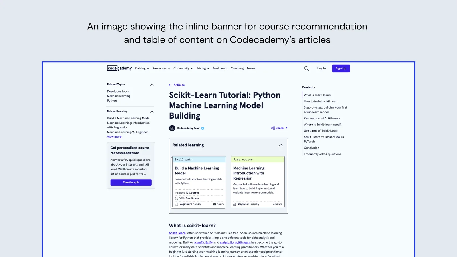 Codecademy article with contextual course banners