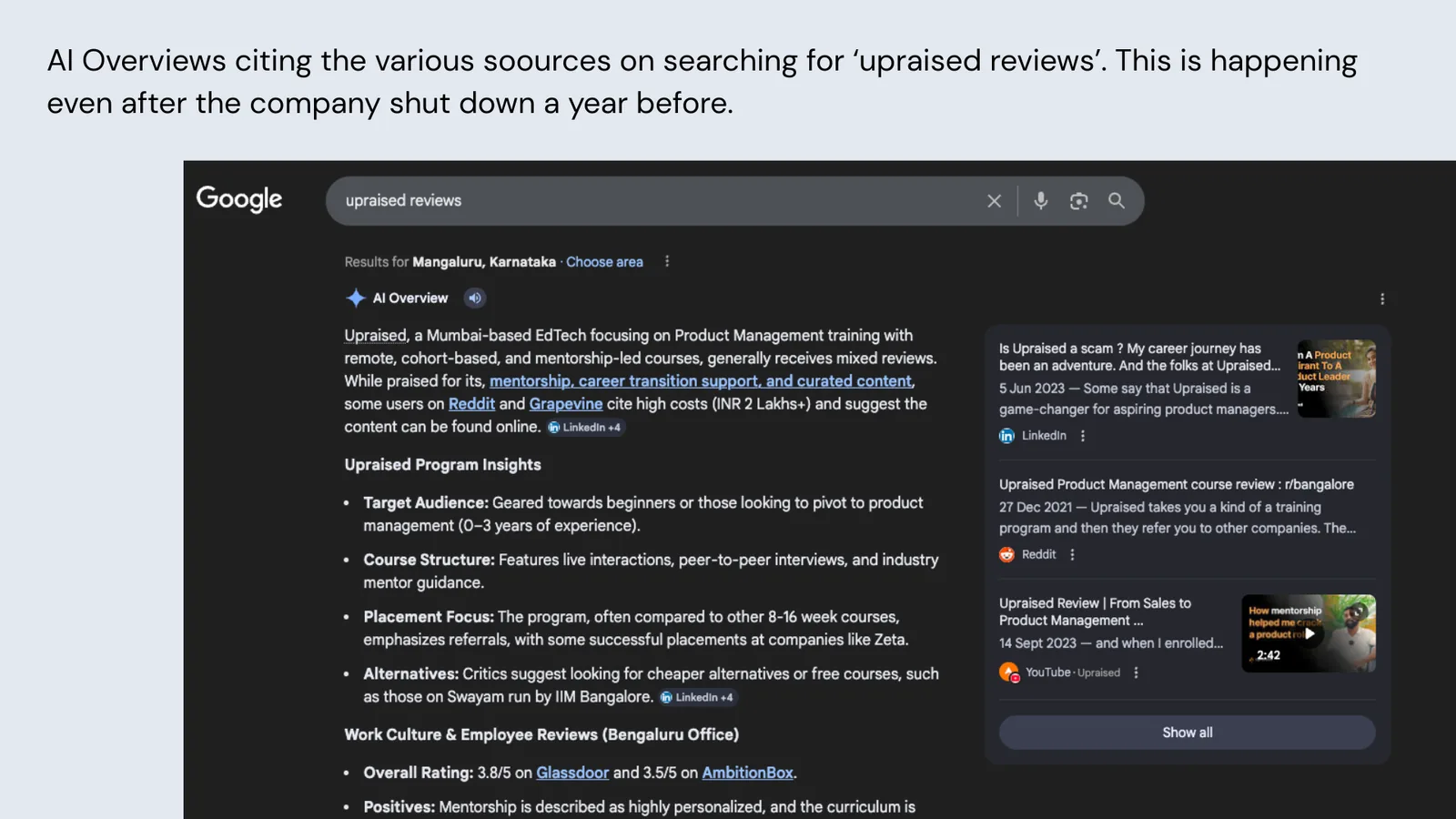 Google AI Overviews citing Upraised review sources