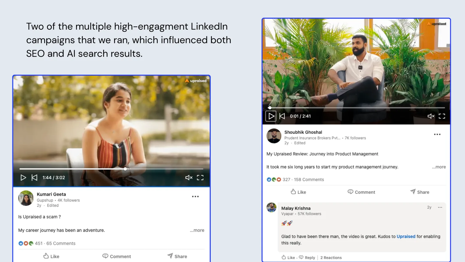 LinkedIn video campaigns showing high engagement posts from Upraised alumni