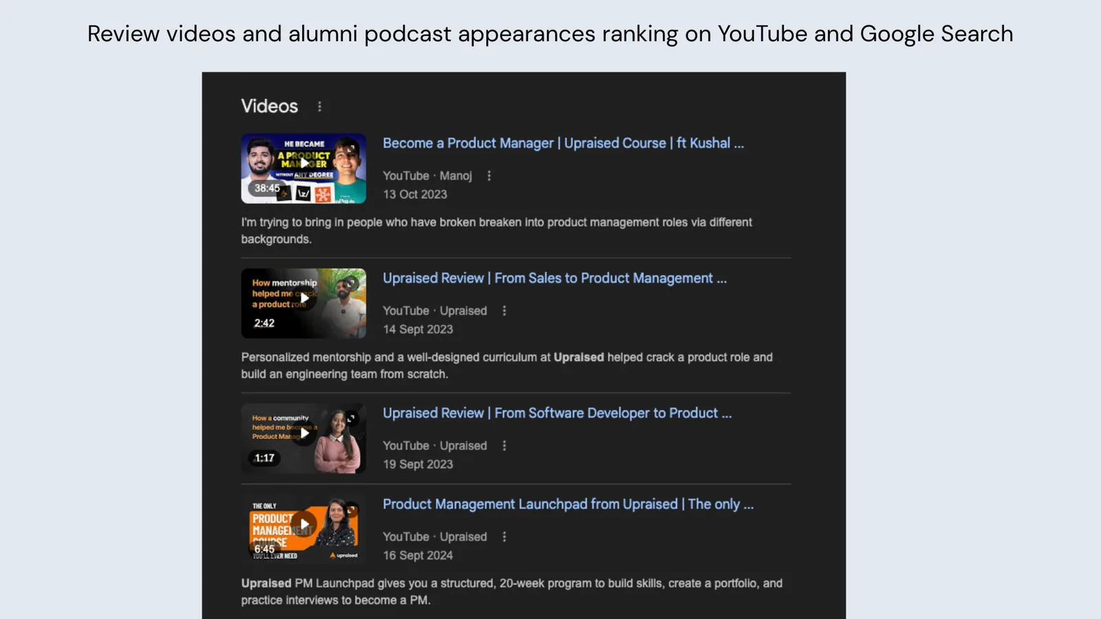 Review videos and alumni podcast appearances ranking on YouTube and Google Search